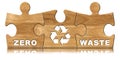 Wooden Puzzle Pieces with Text Zero Waste and a Recycling Symbol