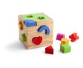 Wooden puzzle toy with colorful blocs isolated over white Royalty Free Stock Photo