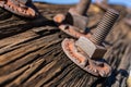 Wooden Pylon with Rust Bolts and Screws at Ore Terminal Royalty Free Stock Photo