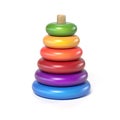 Wooden pyramid children`s toy made of colorful rings 3d rendering