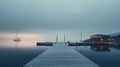 Wooden quay at a tranquil lake after sunset. Building with cozy lights reflecting in water, boat in calm water. Generative AI