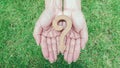 Wooden question marsk on woman hands over green grass background. Ploblem solving concept