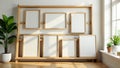Wooden rack with assorted empty frames, natural light, home, brown, decor Royalty Free Stock Photo