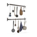 Wooden rack with different kitchen items, such as utensils, cooking supplies, 3D rendered