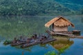 The wooden raft and Water bicycles made of bamboo.