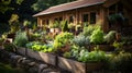 Wooden raised beds in modern garden growing plants herbs spices vegetables and flowers near a wooden house in the countryside