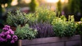 Wooden raised beds in modern urban garden with growing plants flowers herbs spices and vegetables Royalty Free Stock Photo