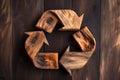 Wooden recycling logo on dark wooden background. Recycling arrows made of wood. Sustainable energy, ecological concept. AI