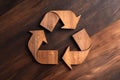 Wooden recycling logo on dark wooden background. Recycling arrows made of wood. Sustainable energy, ecological concept. AI