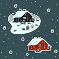 Wooden red and black hand drawn scandinavian houses with bikes, sheep, snow in winter Royalty Free Stock Photo