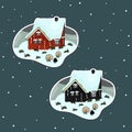 Wooden red and black hand drawn scandinavian houses with grass on the roof, sheep, snow in winter Royalty Free Stock Photo