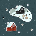 Wooden red and black hand drawn scandinavian houses with grass on the roof, sheep, snow in winter Royalty Free Stock Photo