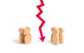 A wooden red chart arrow down divides the two groups discussing the case. Termination and breakdown of relations, breaking ties. C Royalty Free Stock Photo