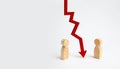 A wooden red chart arrow down divides the two people discussing the case. Termination and breakdown of relations, breaking ties. C Royalty Free Stock Photo