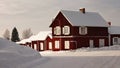 Red wooden historic church houses of Gammelstad near Lulea in winter in Sweden