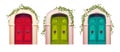 Wooden red door with arch front view with ivy plant climbing branches. Entrance or gate. Cartoon vector illustration. Royalty Free Stock Photo