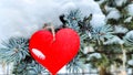 Wooden red heart on snowy tree branch in winter. Holidays happy valentines day celebration love concept.winter garden Royalty Free Stock Photo