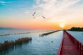 wooden red long bridge at seaside Royalty Free Stock Photo