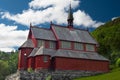 The wooden red new church of Borgund in the Laerdal