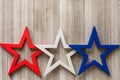 Wooden red, white and blue stars on a rustic background with copy space/4th of July background concept