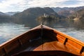 Wooden rent boat on a Bled lake, end of the boat facing towards Lake Bled island with copy space- famous tourist