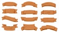 Wooden ribbon signboards. Cartoon wood curved banners for game. Textured rustic planks, plywood board labels, blank sign