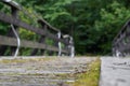 Wooden road or bridge with old railings across the river. bottom view, copyspace Royalty Free Stock Photo