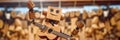 A wooden robot holding a guitar in front of a bunch of bananas. Generative AI image.