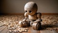 Wooden Robot Puzzle Toy on a Hardwood Floor