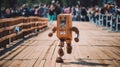 A wooden robot running across a wooden bridge. Generative AI image.