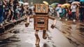 A wooden robot walking down a wet street. Generative AI image.