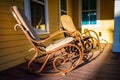 Wooden rocking chair on front porch at sunset Royalty Free Stock Photo