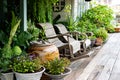 Wooden rocking chairs in a cottage garden porch setting on wooden floor in vintage Thai botanical garden, with traditional Thai ol