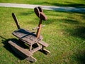 Wooden rocking horse. Lonely old vintage swinging horse on the green backyard. Royalty Free Stock Photo