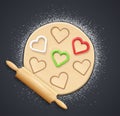 Wooden rolling pin, kneading dough with flour and cookie cutter. Vector illustration.