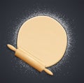 Wooden rolling pin and kneading dough with flour. Vector illustration.