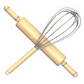 Wooden rolling pin and metal wire steel whisk 3D