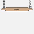 Wooden rolling pin plunger hanging on chain. Bakery signboard Flat design