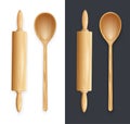 Wooden rolling pin and spoon for dough. Vector illustration.