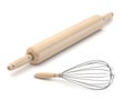 Wooden rolling pin and wire whisk. 3D