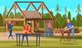 Wooden roof builders. Professional carpenters team making building handyman and craftsman working vector cartoon house