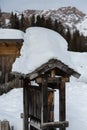 Wooden Roof of Mountain Structure covered with Fresh Snow Royalty Free Stock Photo