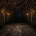 Wooden room with glowing garland in the dark