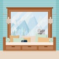 Wooden room window frame with lamps, sofa, pillows and book in flat cartoon style Royalty Free Stock Photo