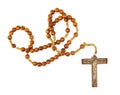 Wooden rosary beads and cross isolated on a white Royalty Free Stock Photo