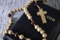 the Wooden rosary beads and holy bible Royalty Free Stock Photo