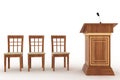 Wooden Rostrum Stand with Microphone and three chairs