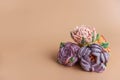 On wooden round background lie natural marshmallows in the form of purple peony flowers Royalty Free Stock Photo