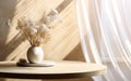 Wooden round beautiful grain podium table flower bouquet in round vase in sunlight from white curtain window on cream concrete Royalty Free Stock Photo