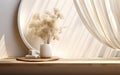 Wooden round beautiful grain podium table flower bouquet in round vase in sunlight from white curtain window on cream concrete Royalty Free Stock Photo